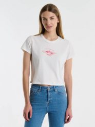 Krótka koszulka damska z nadrukiem biała Nottasa 100. Białe t-shirty damskie Big Star, l, z aplikacjami, z dzianiny, bez kołnierzyka. W wyprzedaży za 69.99 zł.