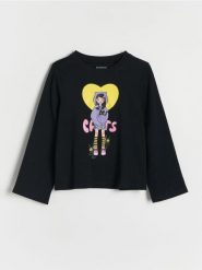 Koszulka z nadrukiem - czarny. Czarne koszulki dziewczęce Reserved, bez wzorów, z bawełny, bez ramiączek. W wyprzedaży za 27.99 zł.