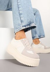 Beżowe Sneakersy Typu Tenisówki na Platformie Zdobione Perforacją Nerilsa. Brązowe trampki i tenisówki damskie Born2be, z aplikacjami, z jeansu. Za 84.99 zł.