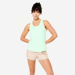 Koszulka fitness damska Domyos bez rękawów. Żółte bluzki sportowe damskie DOMYOS, l, bez wzorów, z elastanu, bez ramiączek. Za 19.99 zł.