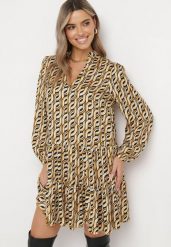 Beżowa Rozkloszowana Sukienka Mini z Falbanką Naike. Brązowe sukienki damskie Born2be, l, z aplikacjami, z tkaniny, bez kołnierzyka, bez ramiączek, mini, rozkloszowane. W wyprzedaży za 111.99 zł.