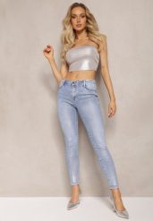 Jasnoniebieskie Jeansy Skinny z Wysokim Stanem i Połyskującym Wykończeniem Ceniza. Niebieskie jeansy damskie Renee, z podwyższonym stanem. Za 69.99 zł.