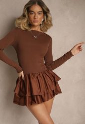 Brązowa Sukienka Longsleeve o Rozkloszowanym Kroju z Falbanką Reline. Brązowe sukienki damskie Renee, na co dzień, bez wzorów, eleganckie, bez kołnierzyka, bez ramiączek, mini, proste. W wyprzedaży za 69.99 zł.