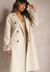 Jasnobeżowy Płaszcz o Dwurzędowym Fasonie z Paskiem Nivela. Brązowe płaszcze damskie Renee, m, bez wzorów, z jeansu, eleganckie. Za 239.99 zł.