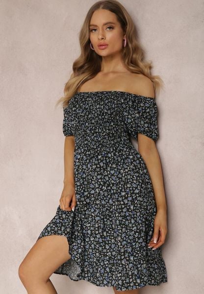 Czarna Sukienka z Wiskozy Hermamia. Czarne sukienki damskie Renee, na lato, s, bez wzorów, z tkaniny, bez kołnierzyka, bez ramiączek, mini, rozkloszowane. Za 69.99 zł.