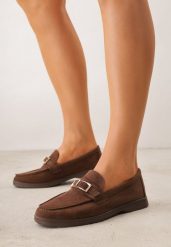 Brązowe Mokasyny z Prostokątną Metaliczną Ozdobą Aeleorane. Brązowe mokasyny damskie Born2be, z materiału. Za 119.99 zł.