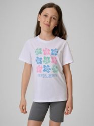 4F T-shirt regular z nadrukiem dziewczęcy - biały 122 (6-7 lat). Białe koszulki dziewczęce 4f, bez wzorów, z bawełny, bez ramiączek. Za 39.99 zł.