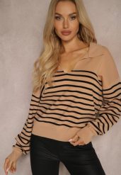 Ciemnobeżowy Sweter w Paski Ozdobiony Kołnierzykiem i Wycięciem Irinalies. Brązowe swetry klasyczne damskie Renee, na zimę, bez kołnierzyka. Za 59.99 zł.