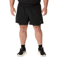 Męskie Spodenki Szosowe 2 W 1. Czarne szorty męskie Asics, bez kołnierzyka. Za 352.99 zł.