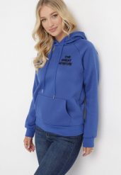 Granatowa Bluza z Kapturem i Nadrukiem Masunes. Niebieskie bluzy z kapturem damskie Born2be, l, z polaru. Za 84.99 zł.