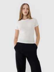 4F T-shirt slim z prążkowanej dzianiny damski - biały XXL. Białe t-shirty damskie 4f, xs, bez wzorów, z bawełny, bez kołnierzyka. W wyprzedaży za 39.99 zł.
