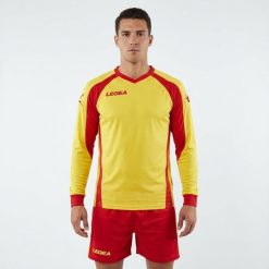 Męska Koszulka Piłkarska z Długim Rękawem Amsterdam Żółto-Czerwona. Czerwone t-shirty sportowe męskie Legea, m, z bawełny, bez ramiączek, na fitness i siłownię. Za 56.00 zł.