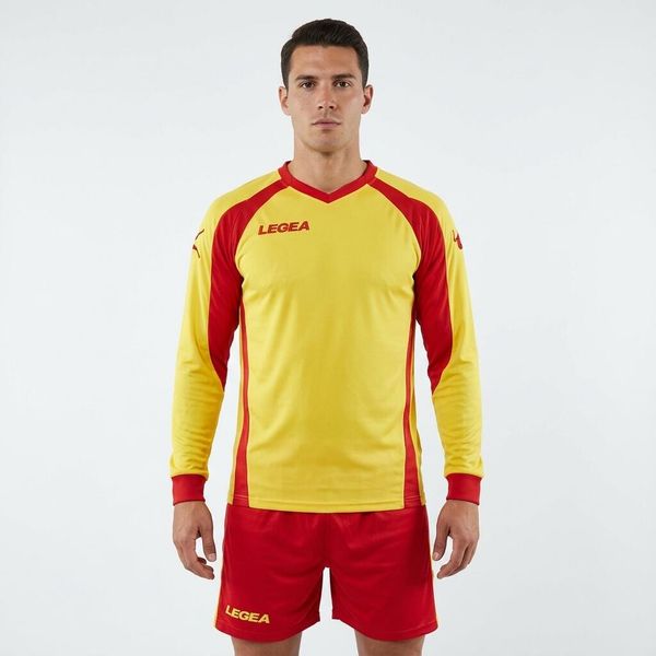 Męska Koszulka Piłkarska z Długim Rękawem Amsterdam Żółto-Czerwona. Czerwone t-shirty sportowe męskie Legea, m, z bawełny, bez ramiączek, na fitness i siłownię. Za 56.00 zł.