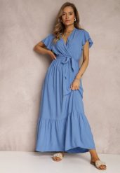 Niebieska Sukienka Metia. Niebieskie sukienki damskie Renee, s, bez wzorów, z materiału, bez kołnierzyka, bez ramiączek, maxi. Za 79.99 zł.