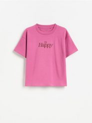 T-shirt z wypukłym nadrukiem - fioletowy. Fioletowe koszulki dziewczęce Reserved, bez wzorów, z bawełny, bez ramiączek. Za 29.99 zł.