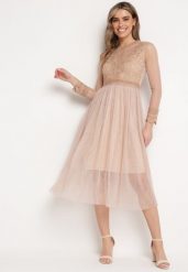 Beżowa Sukienka Phaerusa. Brązowe sukienki damskie Born2be, m, z aplikacjami, z koronki, eleganckie, bez kołnierzyka, bez ramiączek, midi, rozkloszowane. W wyprzedaży za 103.99 zł.