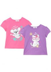 T-shirt z czystej bawełny organicznej (2 szt.). Fioletowe koszulki dziewczęce bonprix, bez wzorów, z bawełny, bez ramiączek. Za 62.99 zł.