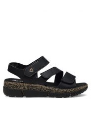 Rieker Sandały V2301-00 Czarny. Czarne sandały damskie Rieker, bez wzorów, z syntetyku, bez obcasa, na koturnie. Za 289.99 zł.