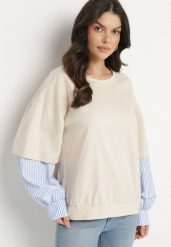 Beżowa Bluzka z Bawełny z Koszulowymi Rękawami w Paski Firselia. Brązowe bluzki damskie Born2be, bez wzorów, z bawełny, eleganckie, bez kołnierzyka, bez ramiączek. Za 84.99 zł.