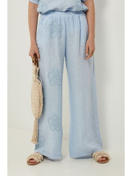 Rodier Lin Lniane spodnie w kolorze błękitnym rozmiar: XL/XXL. Niebieskie spodnie materiałowe damskie Rodier Lin, bez wzorów, ze lnu, z podwyższonym stanem. Za 135.49 zł.