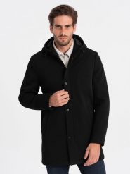 Męski ocieplany płaszcz z kapturem i krytym zamkiem - czarny V1 OM-COWC-0110 - XXL. Czarne płaszcze męskie Ombre Clothing, m, bez wzorów, z poliesteru. W wyprzedaży za 299.99 zł.