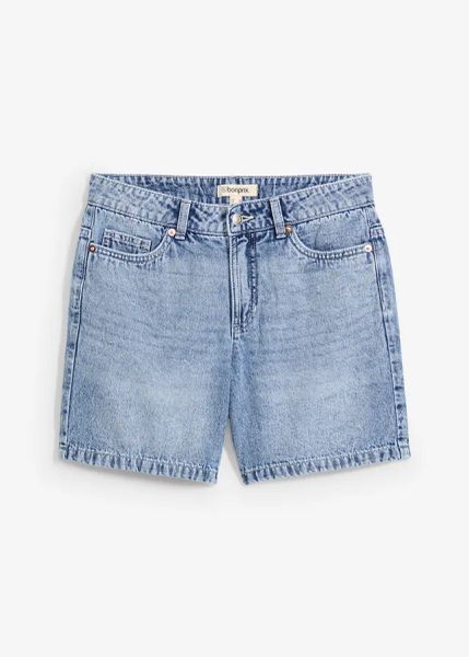 Szorty jeansowe, średni stan. Niebieskie szorty damskie bonprix, bez wzorów, z denimu. Za 112.99 zł.