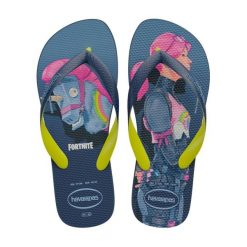 Klapki Havaianas Top Fortnite. Niebieskie klapki damskie Havaianas, bez wzorów, z gumy, bez obcasa. Za 126.95 zł.