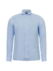 Nils Sundström koszula lniana na co dzień Mężczyźni Slim Fit len niebieski, M. Niebieskie koszule męskie Nils Sundström, na lato, m, bez wzorów, ze lnu, bez kołnierzyka, bez ramiączek. Za 229.95 zł.