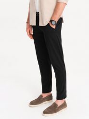 Spodnie męskie chino z ozdobną taśmą w pasie SLIM FIT – czarne V1 OM-PACP-0118 - L. Czarne spodnie materiałowe męskie Ombre Clothing, bez wzorów, z bawełny, casualowe. W wyprzedaży za 179.99 zł.