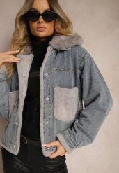 Niebieska Kurtka Jeansowa z Odpinanym Futrzanym Kołnierzem i Kieszonkami Ansilette. Niebieskie kurtki damskie Renee, l, bez wzorów, z futra, bez kaptura. Za 179.99 zł.
