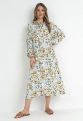 Jasnoniebieska Rozkloszowana Sukienka z Koszulową Górą Hajra. Niebieskie sukienki damskie Born2be, na co dzień, l, bez wzorów, z materiału, eleganckie, bez kołnierzyka, bez ramiączek, midi, koszulowe. W wyprzedaży za 103.99 zł.