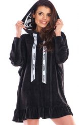 Przedłużona Bluza Welurowa z Falbanką - Czarna. Czarne bluzy bez kaptura damskie Awama, uniwersalny, z elastanu. Za 269.90 zł.