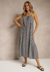 Czarna Sukienka z Bawełny Ozdobiona Geometrycznym Motywem Nilavionea. Czarne sukienki damskie Renee, na spotkanie biznesowe, na lato, l, z aplikacjami, z bawełny, eleganckie, bez kołnierzyka, bez ramiączek, midi. W wyprzedaży za 41.99 zł.
