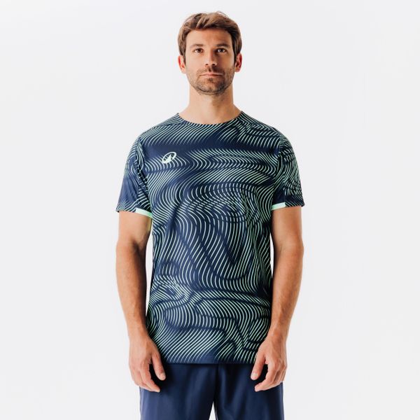 Koszulka piłkarska Kipsta Club Wavy. Niebieskie t-shirty sportowe męskie KIPSTA, l, z materiału, bez ramiączek, do piłki nożnej. Za 59.99 zł.
