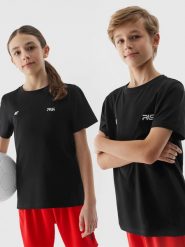 4F T-shirt z nadrukiem dziecięcy 4F x Robert Lewandowski - czarny 134 (8-9 lat). Czarne koszulki dziewczęce 4f, m, bez wzorów, z bawełny, bez ramiączek. W wyprzedaży za 49.99 zł.