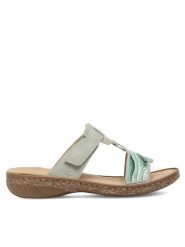 Rieker Klapki 62829-52 Zielony. Zielone klapki damskie Rieker, bez wzorów, z syntetyku, bez obcasa. Za 289.99 zł.