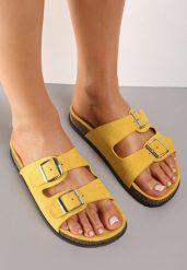 Żółte Klapki Dorinore. Żółte klapki damskie Renee, bez wzorów, bez obcasa, na płaskiej podeszwie. Za 59.99 zł.