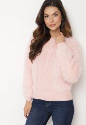 Różowy Sweter z Wełną o Wzorzystym Splocie z Ozdobną Fakturą Mirilena. Czerwone swetry klasyczne damskie Born2be, z wełny, bez kołnierzyka. Za 64.99 zł.