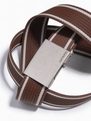 Dwukolorowy męski pasek parciany z obramowaniem w poziome pasy - brązowy. Brązowe paski męskie Ombre Clothing, bez wzorów, z materiału, eleganckie. W wyprzedaży za 59.99 zł.