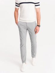 Spodnie męskie chino z ozdobną taśmą w pasie SLIM FIT – szare V6 OM-PACP-0118 - M. Szare spodnie materiałowe męskie Ombre Clothing, bez wzorów, z bawełny, casualowe. W wyprzedaży za 179.99 zł.