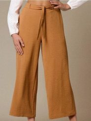 Spodnie wide leg z wiązaniem - żółty. Żółte spodnie materiałowe damskie Sinsay, bez wzorów. Za 49.99 zł.