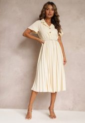 Beżowa Retro Sukienka Midi z Plisowaniem i Paskiem na Klamrę Elinerise. Brązowe sukienki damskie Renee, l, bez wzorów, retro, bez kołnierzyka, bez ramiączek, midi. W wyprzedaży za 90.99 zł.