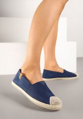 Granatowe Espadryle z Elastyczną Wstawką Zdobione Plecionką Kinellis. Niebieskie espadryle damskie Renee, z aplikacjami, bez obcasa. Za 39.99 zł.