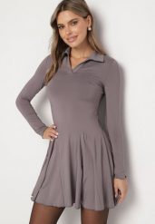 Szara Rozkloszowana Sukienka z Wiskozą Ozdobiona Kołnierzykiem Mirettia. Szare sukienki damskie Born2be, na co dzień, l, bez wzorów, z jeansu, bez kołnierzyka, bez ramiączek, mini, proste. Za 109.99 zł.