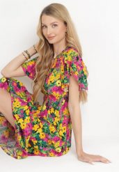 Żółto-Fuksjowa Wiskozowa Sukienka Maxi w Kwiaty z Gumką w Talii i Kopertowym Dekoltem Trelline. Żółte sukienki damskie Born2be, l, bez wzorów, z wiskozy, bez kołnierzyka, bez ramiączek, maxi, kopertowe. W wyprzedaży za 55.99 zł.