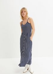 Sukienka midi w paski. Niebieskie sukienki damskie bonprix, bez wzorów, eleganckie, bez kołnierzyka, bez ramiączek, midi. Za 134.99 zł.