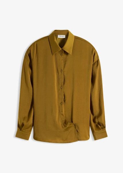 Bluzka koszulowa z lejącej satyny. Zielone bluzki damskie bonprix, bez wzorów, z satyny, bez kołnierzyka, bez ramiączek. Za 149.99 zł.