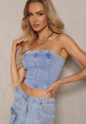 Niebieski Top Gorsetowy Jeansowy Efisee. Niebieskie topy damskie Renee, l, bez wzorów, z jeansu, bez kołnierzyka. Za 54.99 zł.