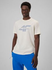 4F T-shirt regular z nadrukiem męski - beżowy M. Brązowe t-shirty męskie 4f, m, bez wzorów, z bawełny, bez kołnierzyka. Za 59.99 zł.