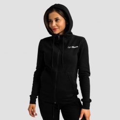 Bluza damska fitness z kapturem i zamkiem czarna Limitless. Czarne bluzy sportowe damskie GYMBEAM, xl, bez wzorów, z bawełny, bez ramiączek, długie, z kapturem. Za 127.90 zł.